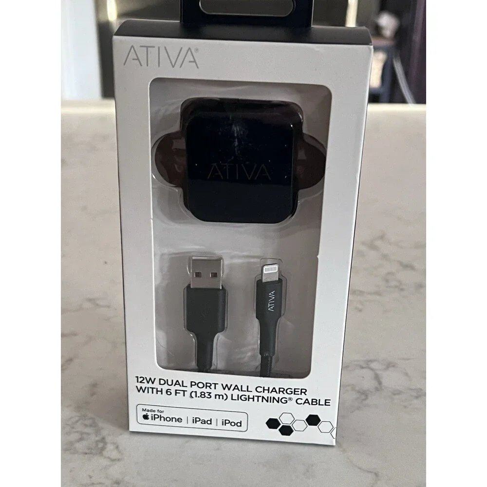 Ativa 12W Dual Port Wall Charger Black w/ 6 ft Tangle-Resistant  Cable